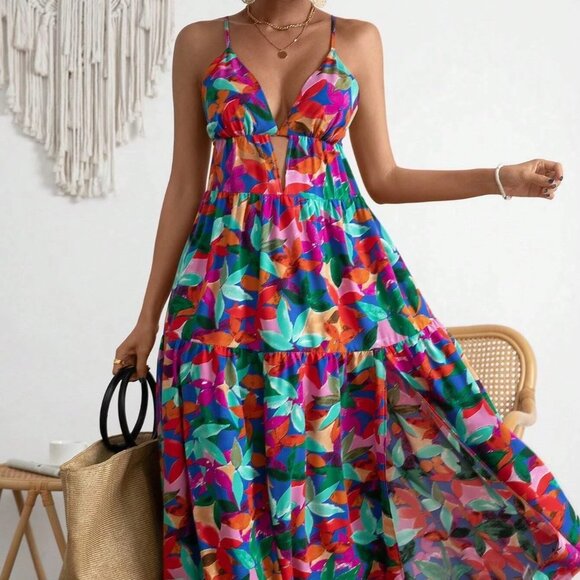 Multicolor Boho Womens Allover Floral Print Split Thigh Cami Dress - Picture 1 of 5